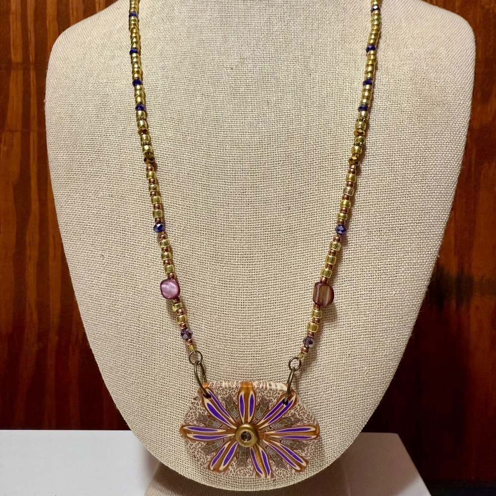 ✨ Handmade Beaded Necklace with Purple Gold and Bronze Polymer Clay Pendant ✨